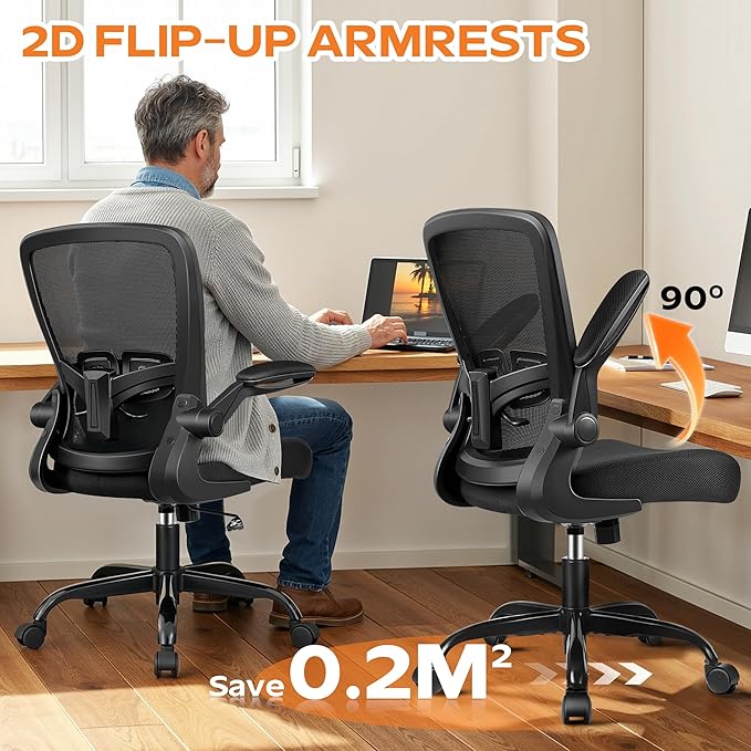 Ergonomic Office Chair 2026 - Mesh Desk Chair with Flip-up Armrests, Adjustable Height and Lumbar, 360° Swivel Comfortable Computer Chairs for Home, Conference Room, Reception, 350lbs, 2 Pack