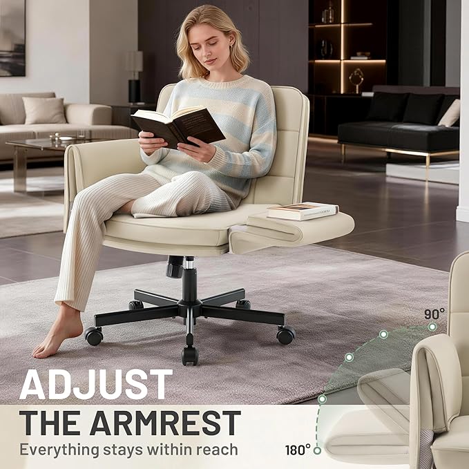 Criss Cross Chair with Wheels - PU Leather Comfy Wide Seat Criss Cross Desk Office Chair with Armrests - Comfortable Swivel Rolling Tilting Vanity Chair with Back for Home Office Makeup Bedroom