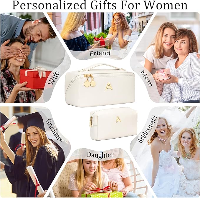Birthday Gifts for Women Teen Girl, Personalized Initial Makeup Organizer Bag Set, Open Flat Travel Cosmetic Bag With Clear Divider and Handle(Large-Beige,A)
