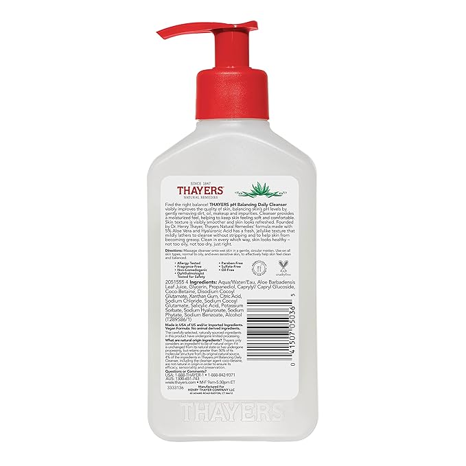 THAYERS pH Balancing Daily Cleanser,Face Wash with Aloe Vera,Gentle and Hydrating Skin Care for Dry,Oily,or Acne Prone Skin,8 FL Oz.,(Pack of 2)