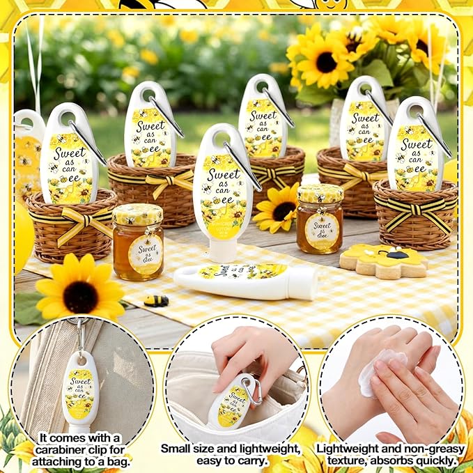 Leelosp 30 Pcs Mini Sunscreen with Carabiner Bulk Travel Size 1 Fl oz Water Resistant Spf 30 Sunblock Lotion Party Favors for Guests Bee Baby Shower Honeycomb Sweet As Can Bee Gender Reveal Gifts