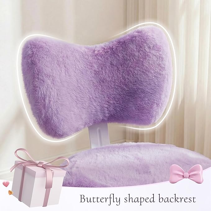 Vanity Chair with Wheels, Cute Desk Chair with Bow Backrest, Fluffy Faux Rabbit Fur Small Office Chair for Vanity, Make-up Room, Bedroom, Dorm, Height Adjustable, Purple