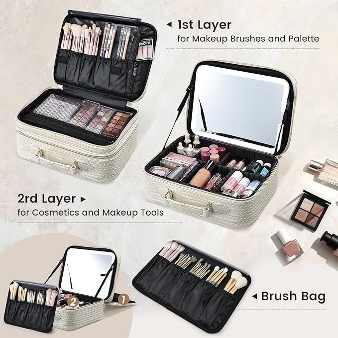 Makeup Bag with LED Lighted Mirror 12.2 IN Cosmetic Train Case Double Layer Makeup Case Adjustable Brightness in 3 Colors Cosmetic Organizer Artist Storage with Brush Holder Vanity Beige