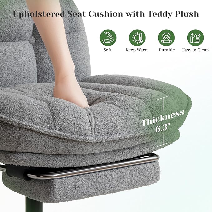 Cross Legged Office Chair with Foot Rest, 6.3" Thick Cushioned Criss Cross Chair with Wheels, Height Adjustable Swivel Vanity Chair for All-Day Comfort (Grey)