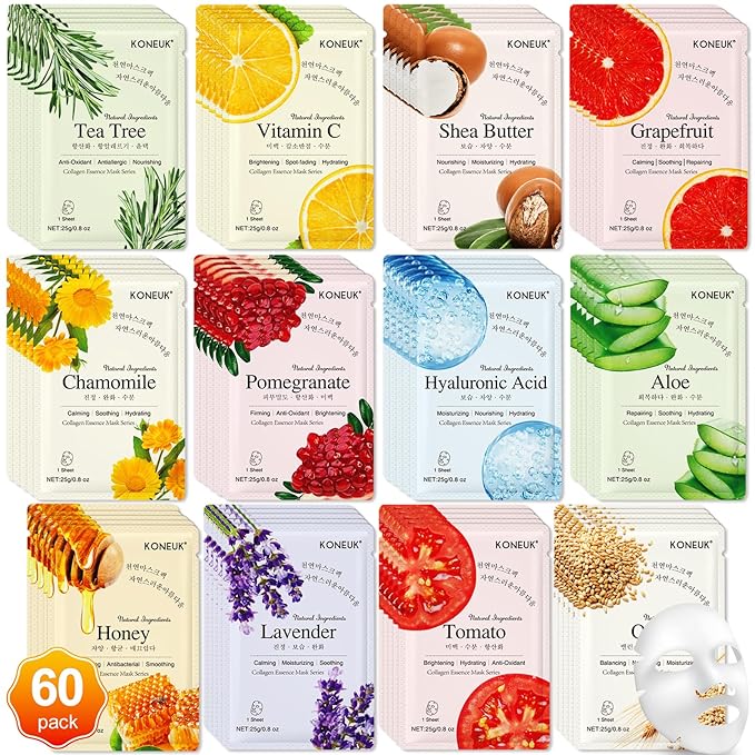 60 Pack Collagen Essence Face Masks Skincare for Women, Hydrating Sheet Face Masks Suitable for Dry and Sensitive Skin, Bulk Facial Masks for Women Skin Care, Face Mask Gifts Set for Spa Party