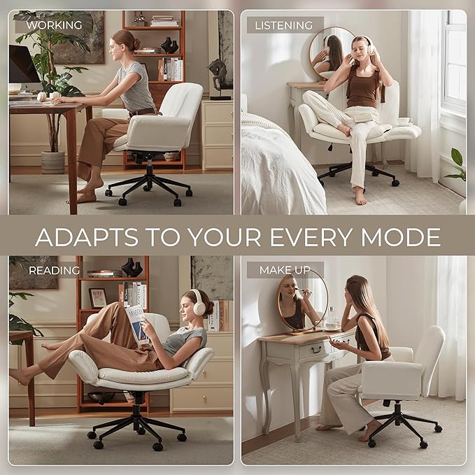 Dowinx Criss Cross Chair with Five-Level Adjustable Arms and Wheels - Comfortable Ergonomic PU Leather Swivel Vanity Chair - Computer Makeup Gaming Chair for Home Office, Bedroom, Vanity Room (Beide)