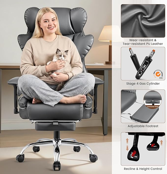 Big and Tall Office Chair - High Back Executive Chair with Footrest & Lumbar Support for Heavy People, Adjustable Arms, Padded Wide Seat Computer Gaming Chair, Gray 2 Pack
