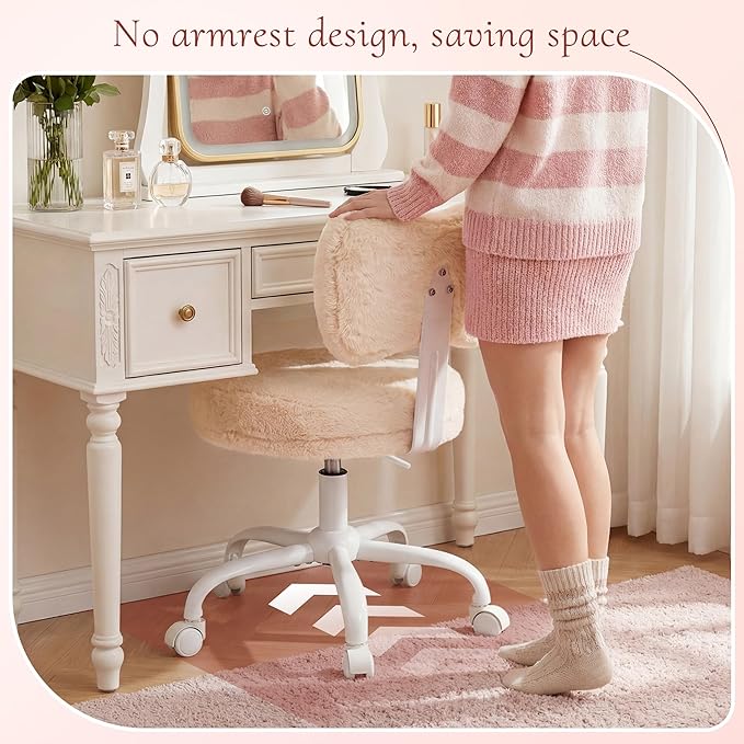 Vanity Chair with Wheels, Cute Desk Chair with Bow Backrest, Fluffy Faux Rabbit Fur Small Office Chair for Vanity, Make-up Room, Bedroom, Dorm, Height Adjustable, Orange Pink