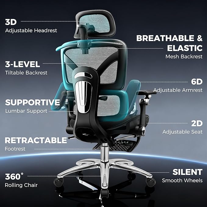 Ergonomic Office Chair with Footrest, Big and Tall Home Desk Chair, High Back Rolling Computer Chair with 5D Flip-Up Arms and Lumbar Support, Comfy Gaming Chair, Black-4 Pack