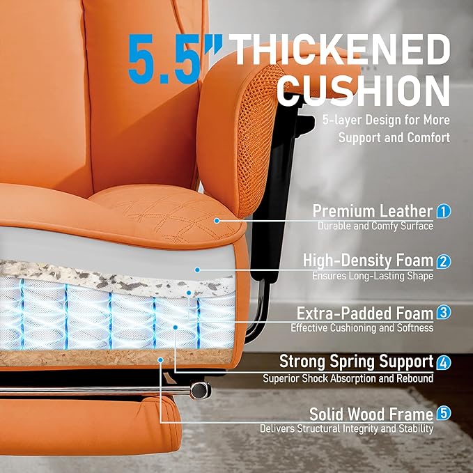 Big and Tall Office Chair, High-Back Leather Executive Reclining Chair with Footrest, Ergonomic Wide Computer Desk Chairs, Comfy Gaming Chair with Lumbar Support and Adjustable Padded Armrests(Orange)