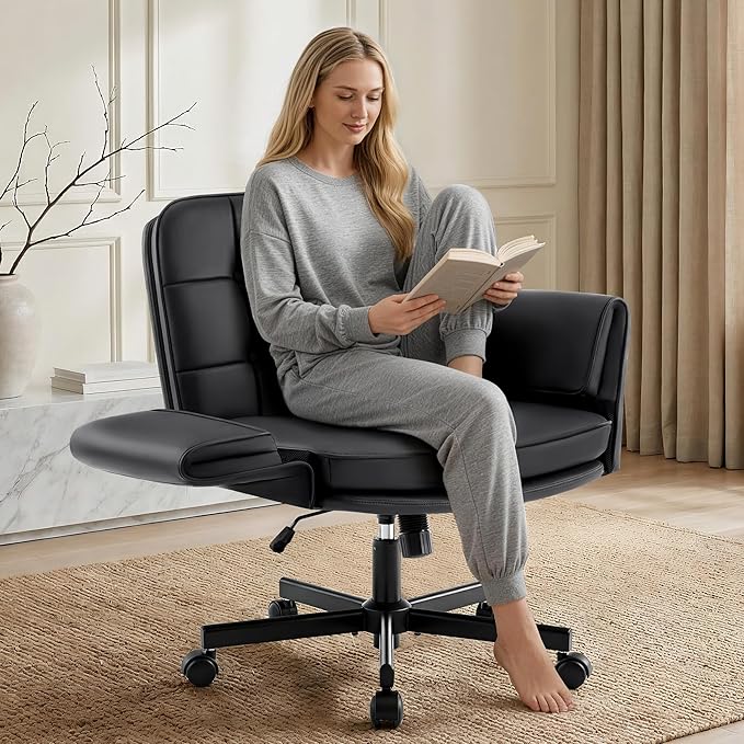 Criss Cross Chair with Wheels - PU Leather Comfy Wide Seat Criss Cross Desk Office Chair with Armrests - Comfortable Swivel Rolling Tilting Vanity Chair with Back for Home Office Makeup Bedroom