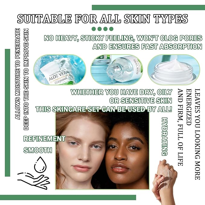 Skin Care Kit,Skincare Gift Set with Facial Cleanser,Toner,Serum,Eye Cream, Face Cream,Exfoliating Gel,Sleeping Lip Mask & 3 Pcs Aloe Vera Mask Kit for Women(10 Count)