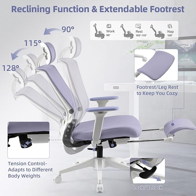 Foldable Office Chair with Foot Rest, Ergonomic Office Chair with Adjustable Lumbar Support, Headrest, Armrest, Home Office Desk Chair for Space Saving, Work from Home, Purple