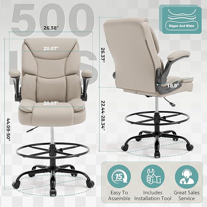 Ergonomic Drafting Chair, Tall Office Chair for Standing Desk, High Back Standing Desk Chair with Flip-Up Armrest, Adjustable Height&Foot Ring, Executive PU Leather Extended Height Office Chairs,Beige