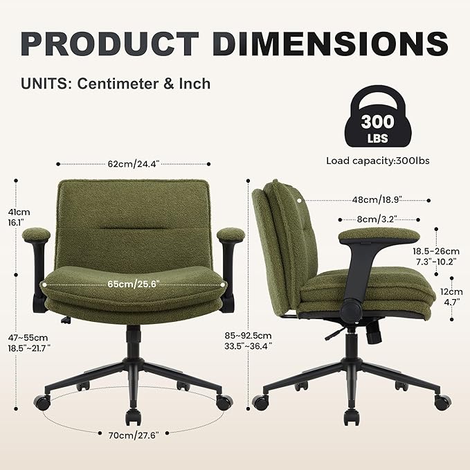 Criss Cross Legged Office Chair with Wheels and Flip-Up Arms, Ergonomic Wide Seat Desk Chair with Thick Padded, Height Adjustable Criss Cross Chairs for Home Office, Bedroom,Apartment,Vanity,Green
