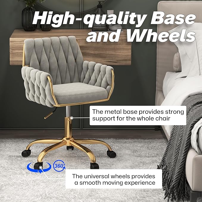 Woven 360°Swivel Desk Chair, Velvet Height Adjustable Home Office Armchair with Golden Base for Teens Women Girls, Upholstery Computer Chair for Home Studios and Office, Woven & Light Gray