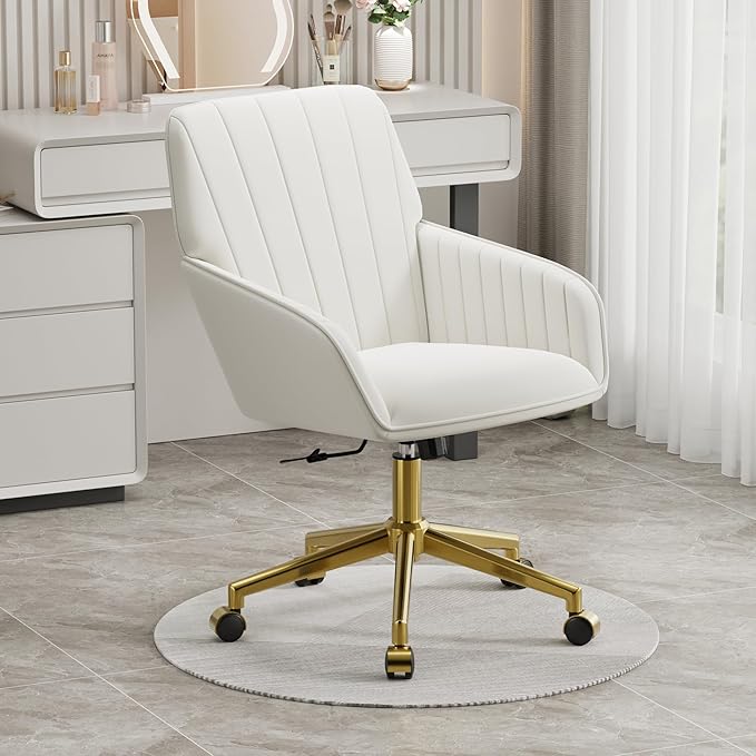 YISHENG Velvet Home Office Chair with Gold Base Upholstered Tufted Modern Height Adjustable 360 Degree Swivel Desk Chair with Wheels, Vanity Chairs for Living Room, Bedroom,Study Room (Cream)