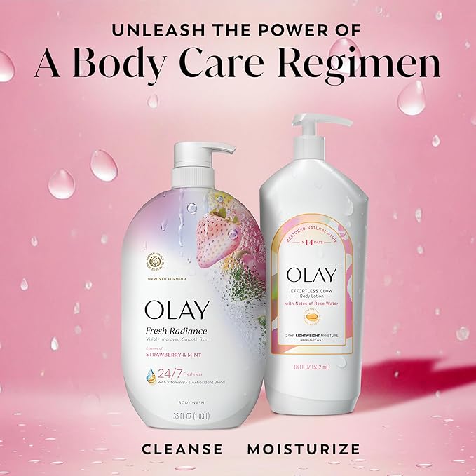 Olay Body Wash for Women, Fresh Radiance, 24/7 Skin-Loving Freshness, Visibly Radiant, Plant Based Cleansers, Vitamin B3 & Antioxidant Blend, For All Skin Types, Strawberry & Mint Scent, 35 fl oz