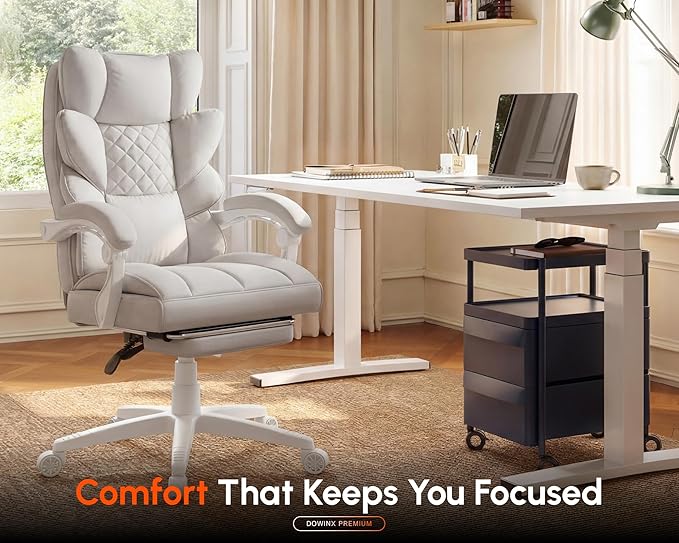 Dowinx Big and Tall Office Chair with Pocket Spring Cushion,High Back Computer Gaming Chairs with Linkage Armrests,Executive Desk Chairs with Footrest,Cloth-White