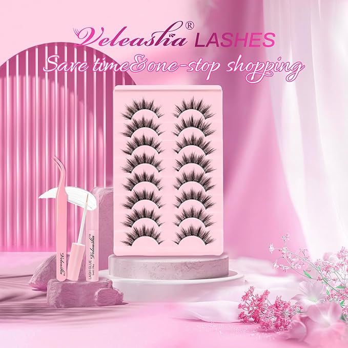 Veleasha Lashes Kit Manga Eyelashes Cat Eye Lash with Clear Band Spiky Lashes Natural False Eyelashes Cospaly Strip Lashes Anime Wispy Korean Fake Eyelash 8 Pairs with Glue&Tweezers(Sunny Clear Kit)