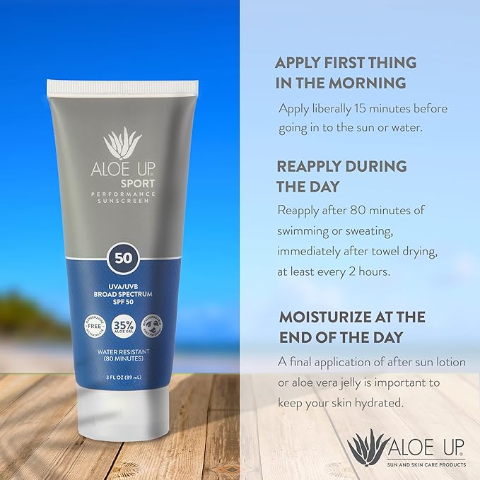 Aloe Up Sport Sunscreen Body Lotion SPF 50 – Broad Spectrum Sunblock With Aloe Vera Gel – Non-Greasy,Skin Sun Protection,No White Cast – Reef Friendly – Water Resistant 80 Minutes–Fragrance-Free–3 Oz