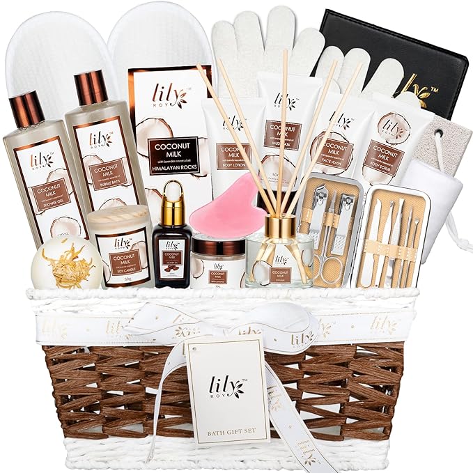 Mothers Day Gifts for Women - Luxurious 28Piece Coconut Vanilla Spa Gift Set Body Care Collection, Bath & Body Basket Gift Set for Valentines Day, Birthday, Christmas Gifts Self Care Gift