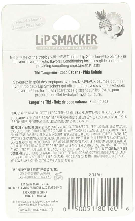 Lip Smackers Flavored Lip Balm Tropical Fever - Moisturizing, Soothing Trio Tiki Tangerine, Coco Cabana, & Pina Colada (Pack of 2)