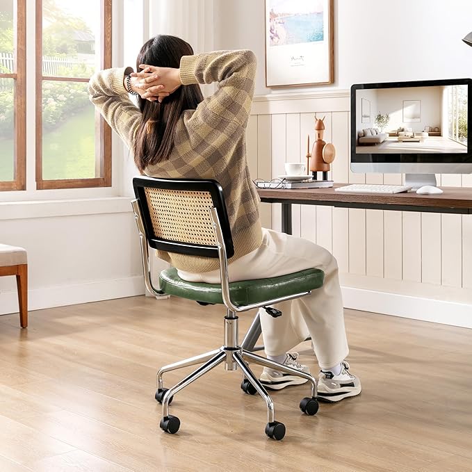Zesthouse Mid Century Home Office Chair, Armless Desk Chair with Rattan Back, Adjustable Height Task Chair Vanity Chair for Girls Women, Upholstered Swivel Chair, Green Faux Leather