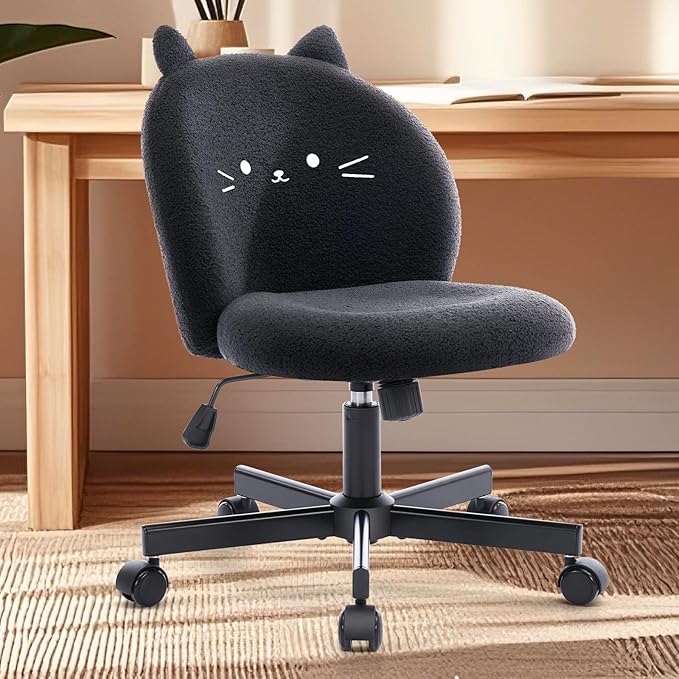 Vanity Chair with Cat Back,Armless Desk Chair Cute Small Office Chair,Teddy Fabric Computer Chair with Adjustable Height,120°Tilting,Rolling,Swivel for Vanity,Kids Room,Office,Bedroom Black