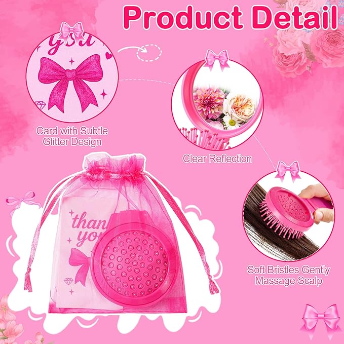24 Sets Women's Day Gifts with Folding Travel Mirror Hair Brush with Organza Bags Cards Mini Round Mirror Pocket Brush for Girls Women Hot Pink Makeup Mother's Day Gifts