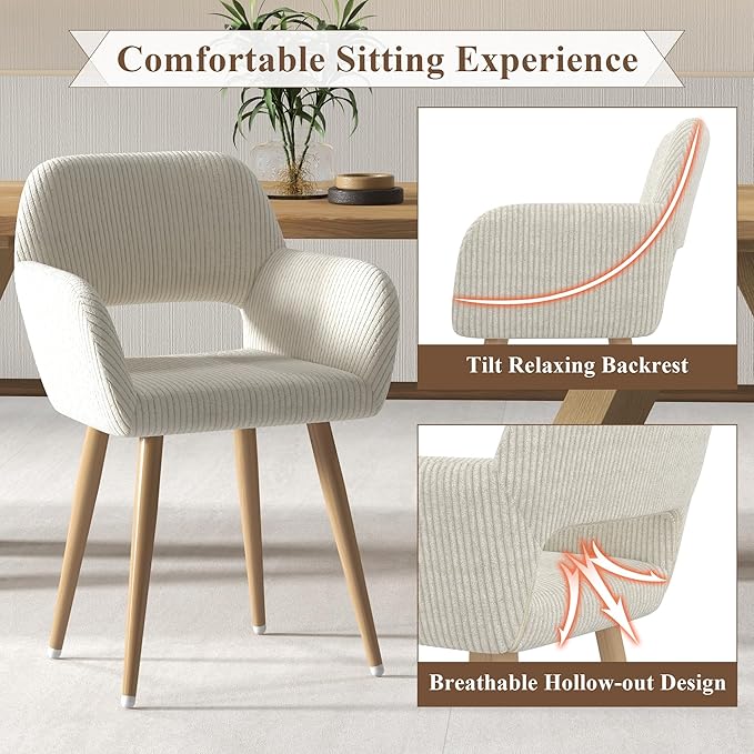 Home Office Desk Chair Set of 2, Corduroy Fabric Vanity Chair for Makeup with Hollow Backrest, Comfy Armchair Wood Frame with Strudy Metal Legs, Beige