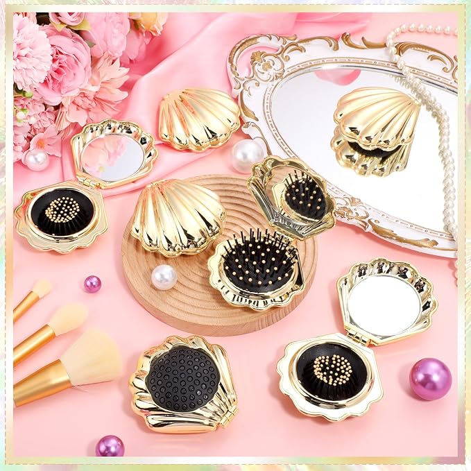 Meanplan 12 Pcs Mermaid Party Favors Shell Hair Brush with Mirror Foldable Mini Travel Pocket Hair Brush Compact Makeup Comb for Women Girls Valentines Day Birthday Gifts(Gold)