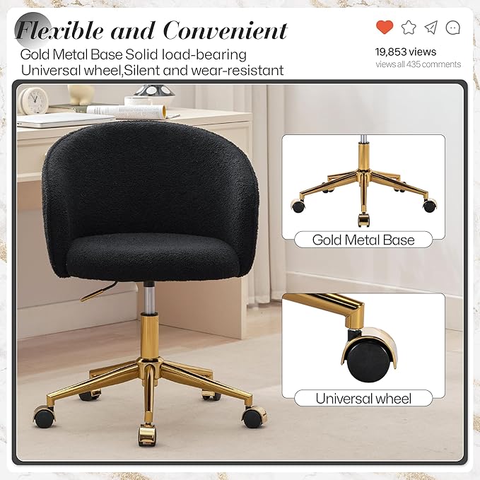KCC Faux Fur Office Desk Chair, Comfy Fluffy Swivel Modern Leisure Armchair with Wheels, Upholstered Comfy Fuzzy Vanity Makeup Chair Height Adjustable for Teens Women Girls Elegant Home Office