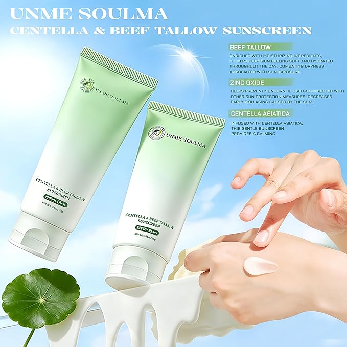 Centella Sunscreen SPF 50 | with Beef Tallow & Zinc Oxide Sun Protection, Skin Care & Moisturizing 3 in 1, Mineral Sunscreen for Face & Body, Non-Comedogenic, Vacation Travel Size (1.76oz / 50g)