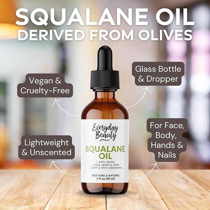 Squalane Oil - 100% Pure & Natural Plant Derived Facial Oil 1 Fl Oz Glass Bottle & Dropper - Cold Pressed and Unrefined Premium Grade Multipurpose Moisturizing Oil For Skin and Hair