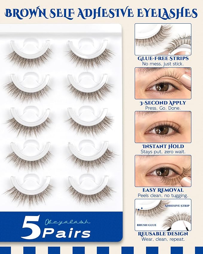 Obeyalash Waterproof Brown Self Adhesive Eyelashes,Cateye 12mm,5 Pairs Stick on False Eyelashes,Pre Glued Lashes, No Glue Needed,Wispy Glueless Lashes Reusable Self Adhesive False Eyelashes(Brown 871)
