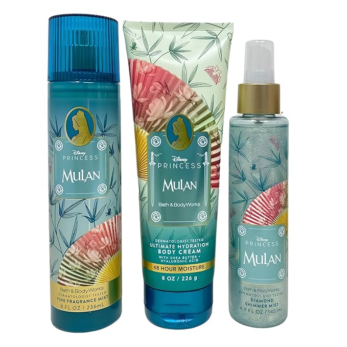 Bath & Body Works Limited Edition Princess Collection Mulan Fine Fragrance Mist, Ultimate Hydration Body Cream and Diamond Shimmer Mist with an Aloe Vera Bar Soap