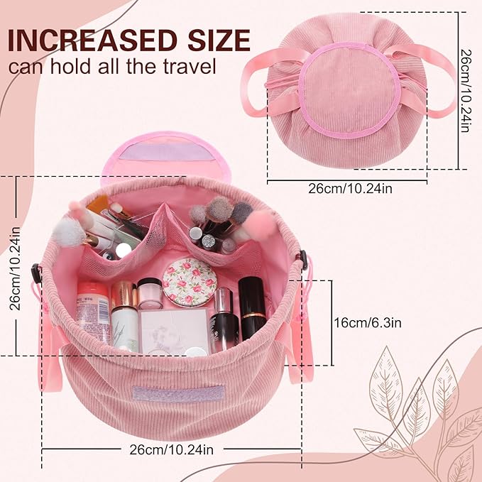 makeup bag lay flat Lay Flat Barrel Drawstring Corduroy Makeup Bag for Women Portable Open-flat Large Capacity Travel Cosmetic Organizer, Skincare & Brush Storage(Pink)