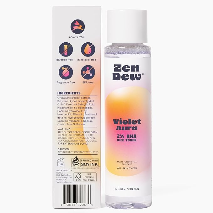 Violet Aura - 2% BHA Exfoliating Toner with Salicylic Acid for Sensitive Skin. Gentle, Hydrating Formula. 2% Niacinamide, Rice Extract & Azulene. Glass Skin, Smoother Texture & Barrier Support