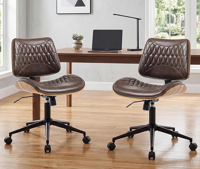Walnut Bentwood Mid Back Armless Office Chair 2 Pack, Adjustable Height PU Leather Swivel Desk Chair with Wheels, Rolling Computer Task Chair for Home Office, Study, Meeting Room