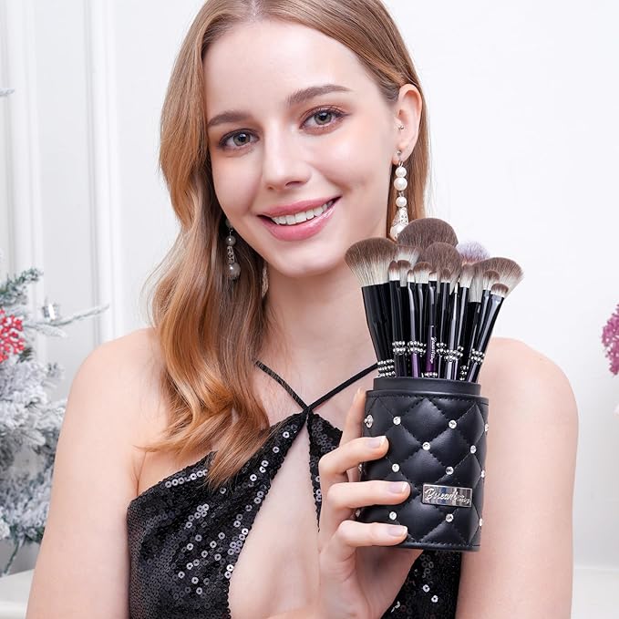 Bueart Design 16PCS Ultra Soft Makeup Brushes Sets with Holder,Professional Make up Brushes with Diamond(Purple-Black Gradient & Holder)