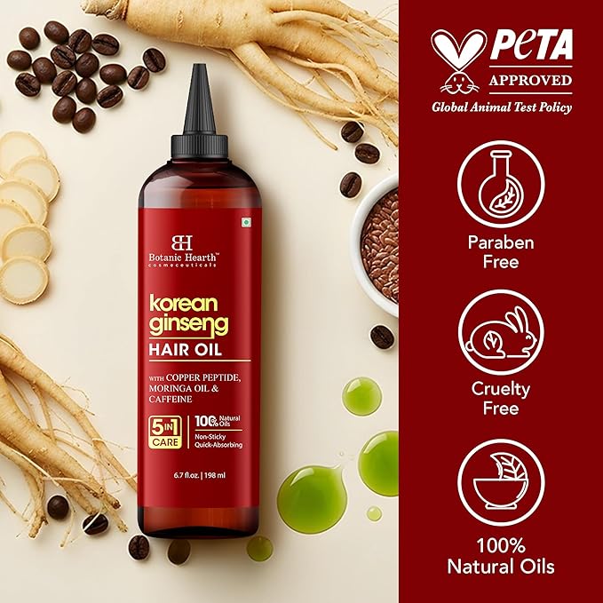 Botanic Hearth 100% Pure Korean Ginseng Oil For Hair Growth & Hair Treatment Oils 6.7 Fl Oz | Infused with coconut Oil | Hair Oil Repairs Dry Damaged Hair, Strengthening, Healthier | All Hair Types