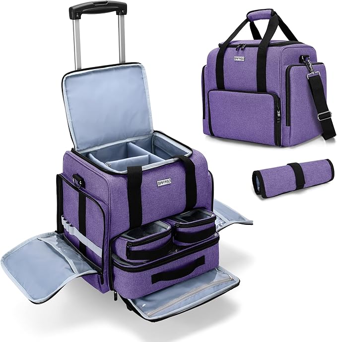 BAFASO Rolling Makeup Case with 3 Removable Pouches and 1 Makeup Brush Bag, Professional Makeup Train Case Cosmetic Bag with Detachable Dolly (Patented), Purple