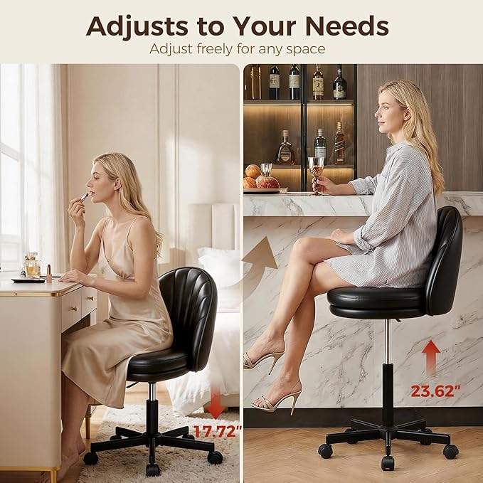 GTPOFFICE Vanity Chair with Back, Adjustable Tall Office Chair High Swivel Bar Stools Fluffy Cute Desk Chair Comfy with Wheels Armlees Counter Height for Adults Standing Desk Bar, Smooth Pu, Black