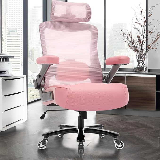 Big and Tall Office Chair 600lbs with 3D Flip Arms, Heavy Duty Large Executive Computer Desk Chair Ergonomic Mesh High Back Plus Size Chair for Adults