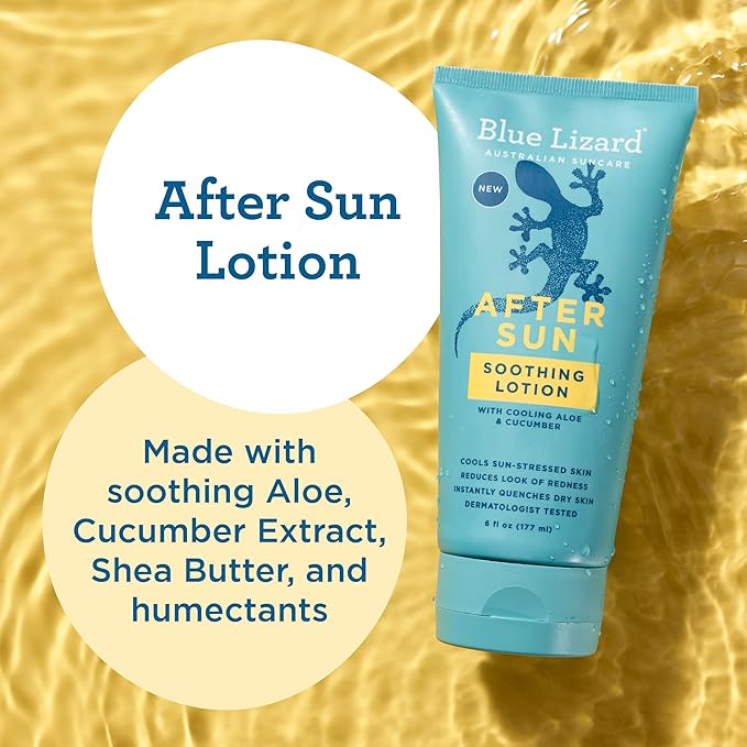 BLUE LIZARD After Sun Soothing Lotion, Lightweight Formula with Shea Butter, Soothes and Moisturizes, Proven to Reduce the Look of Redness, Instant Hydration, Vegan, Hypoallergenic, 6 oz.