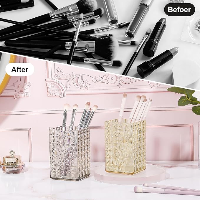 DASITON Makeup Brush Holder Organizer, Acrylic Makeup Brush Cup, Diamond Striped Make Up Brush Holder for Vanity, Bathroom Countertop, Toothbrush Holders, Pen Holder for Desk Storage (Gray)