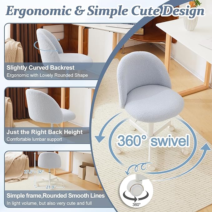 VINGLI Candy Chair Armless Cute Desk Chair,Comfy Small Office Chair with Wheels,Vanity Chair with Lumbar Support,Teddy Adjustable Rolling Swivel Computer Task Chair for Home Office,Bedroom,Poetic Blue