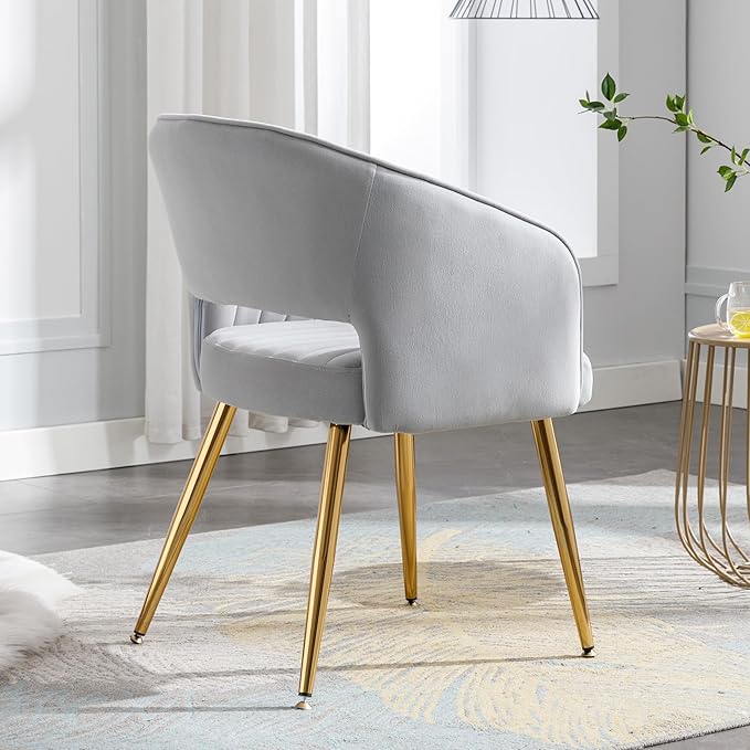 Home Office Chair Velvet Desk Chair Accent Armchair Upholstered Modern Tufted Chairs with Gold Legs for Girls Women Ergonomic Study Seat Computer Task Stools for Living Room(Light Gray)