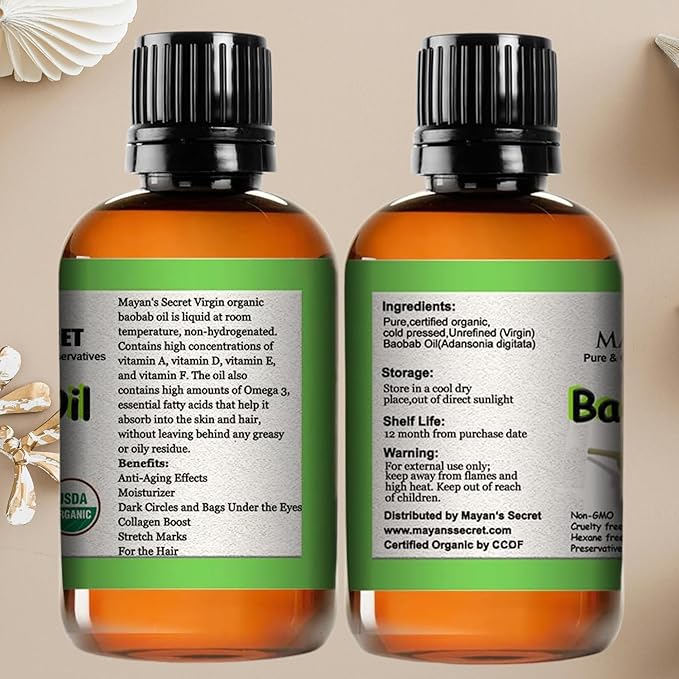 Mayan’s Secret Virgin Organic Baobab Oil Cold Pressed Unrefined for Skin Hair and Massage 4 fl oz